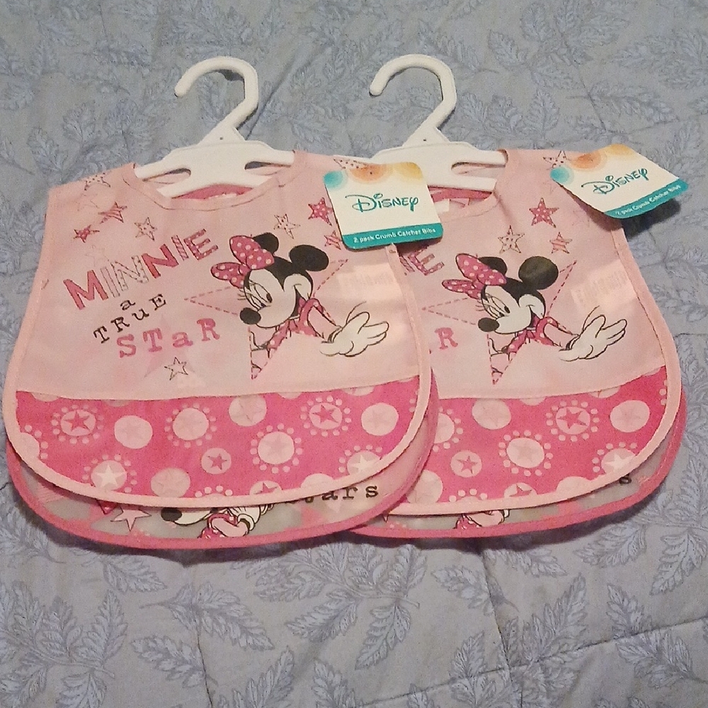 Disney Minnie Mouse Star Crumb Catcher Bibs-Pink & Black Two Sets of 2